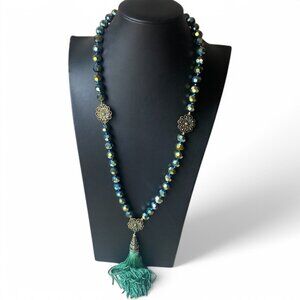 Heidi Daus Dreams do Come True Green Peacock AB Crystal Tassel Necklace 28" NWOT